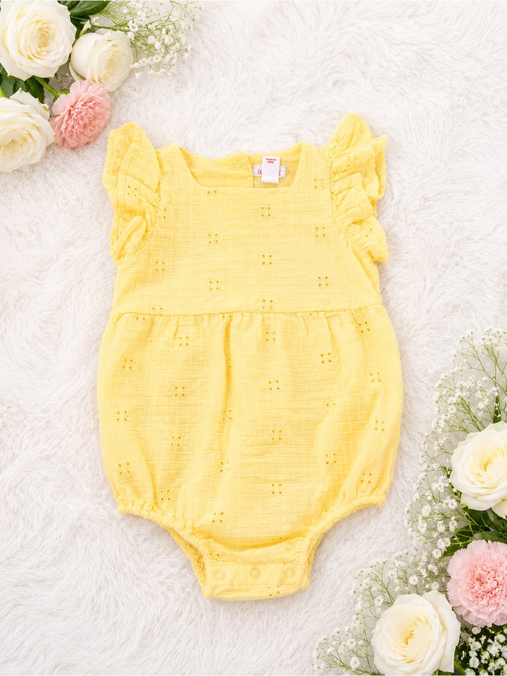 Cat & Jack Yellow Eyelet Flutter-Sleeve Baby Romper